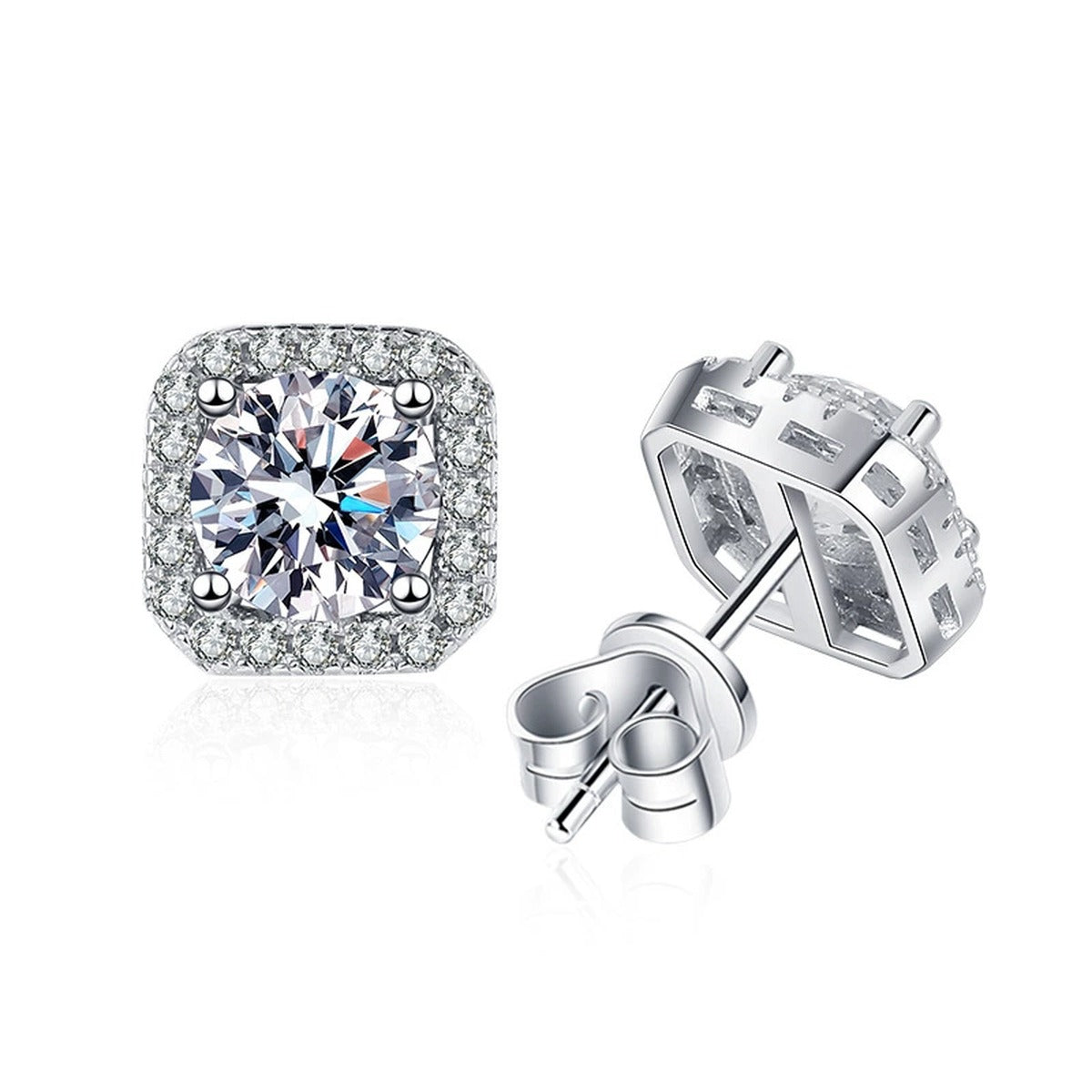 Cushion Halo Moissanite Stud Earrings with CZ in White Gold-Plated S925 on clean white background showing the pair and cushion halo studs with a bright square-rounded face