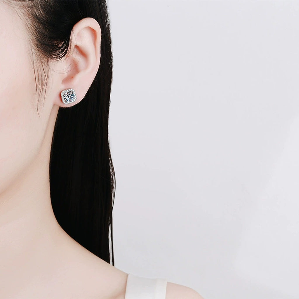 Cushion Halo Moissanite Stud Earrings with CZ in White Gold-Plated S925 worn on ear by model