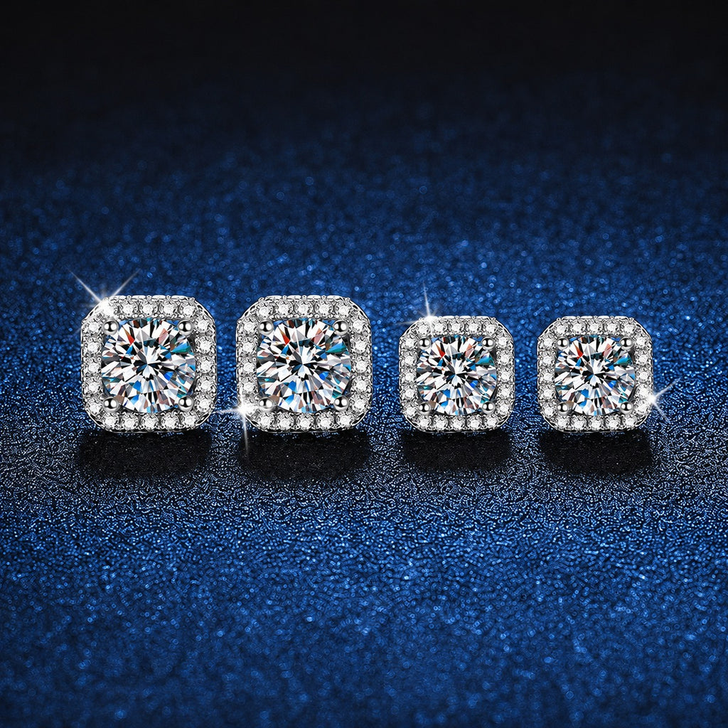 Cushion Halo Moissanite Stud Earrings with CZ in White Gold-Plated S925 blue scene product view