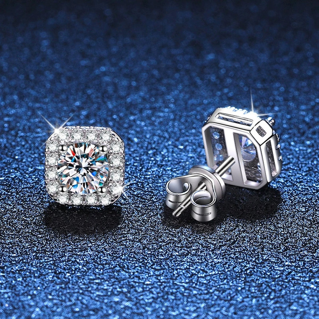 Cushion Halo Moissanite Stud Earrings with CZ in White Gold-Plated S925 blue scene angled view