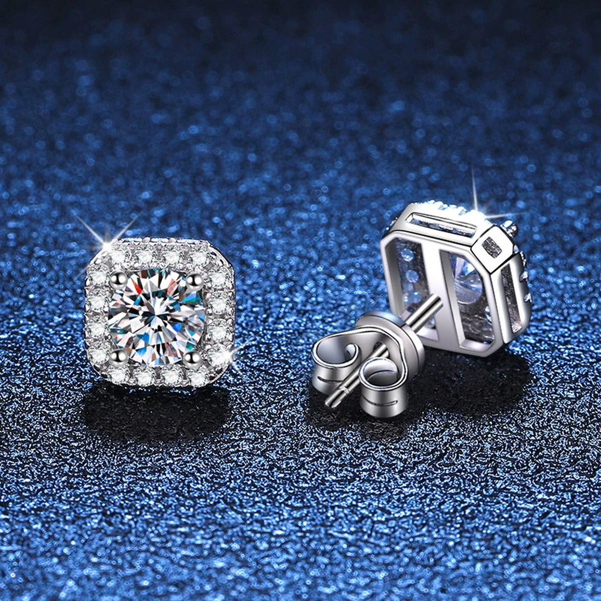 Cushion Halo Moissanite Stud Earrings with CZ in White Gold-Plated S925 blue scene angled view