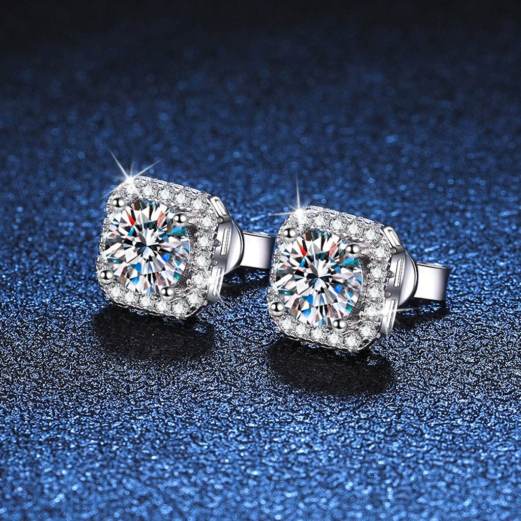 Cushion Halo Moissanite Stud Earrings with CZ in White Gold-Plated S925 blue scene close-up view