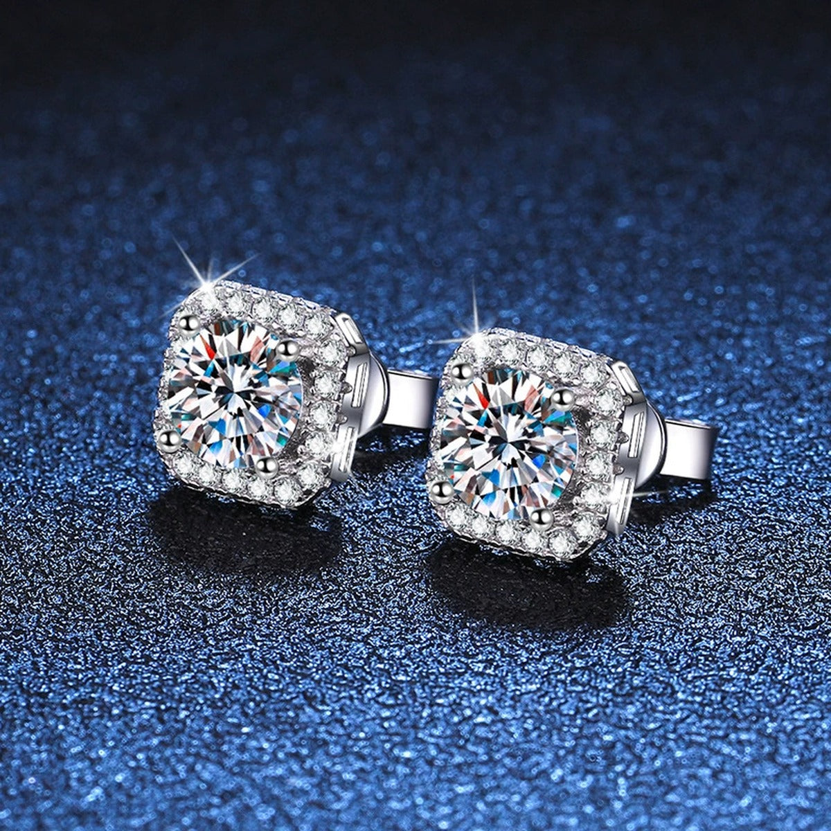 Cushion Halo Moissanite Stud Earrings with CZ in White Gold-Plated S925 blue scene close-up view