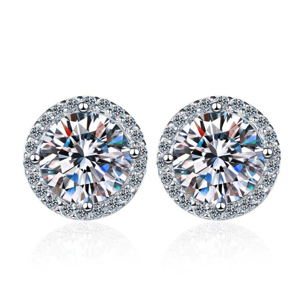 Round Halo Moissanite Stud Earrings with CZ in White Gold-Plated S925 on clean white background showing the pair and round halo stud earrings offered in multiple moissanite carat sizes
