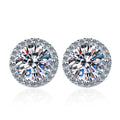 Round Halo Moissanite Stud Earrings with CZ in White Gold-Plated S925 on clean white background showing the pair and round halo stud earrings offered in multiple moissanite carat sizes