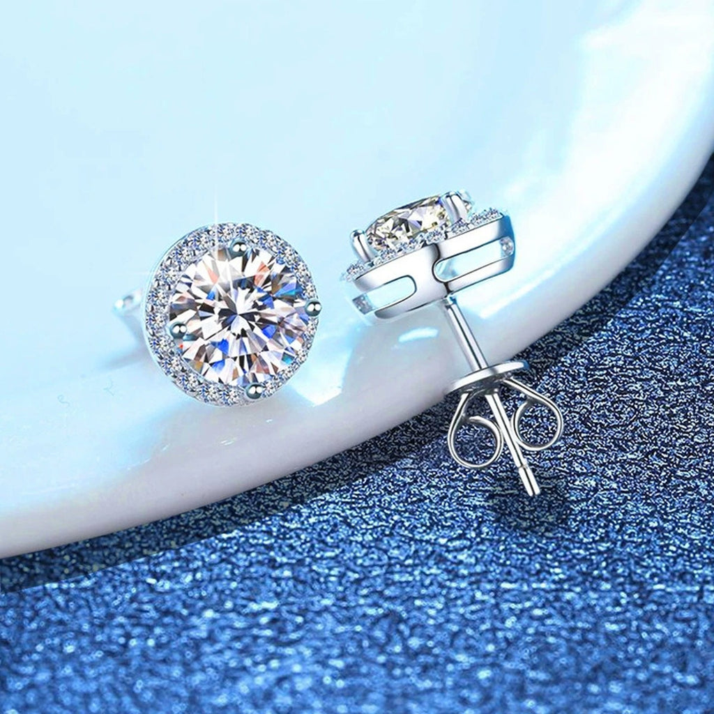 Round Halo Moissanite Stud Earrings with CZ in White Gold-Plated S925 blue scene angled view