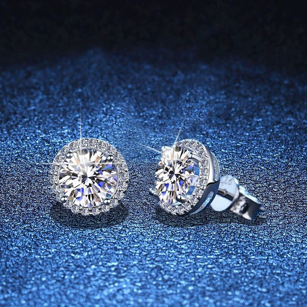 Round Halo Moissanite Stud Earrings with CZ in White Gold-Plated S925 blue scene close-up view