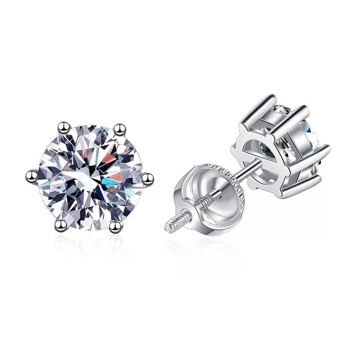 Round Moissanite Stud Earrings in White Gold-Plated S925 Sterling Silver on clean white background showing the pair and round solitaire studs offered across several moissanite sizes