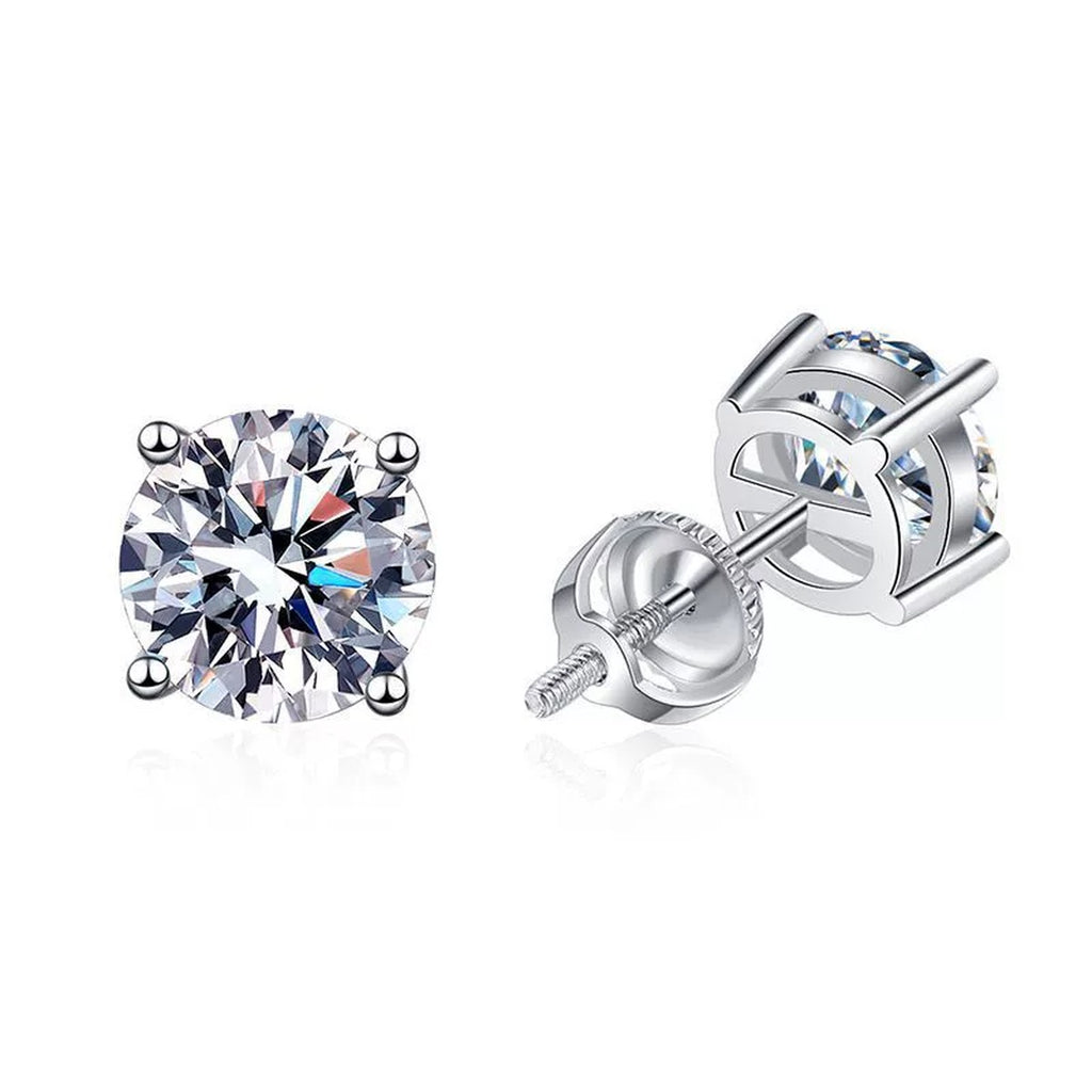 Round Moissanite Stud Earrings in White Gold-Plated S925 Sterling Silver on clean white background showing a classic round solitaire stud silhouette with clean moissanite sparkle