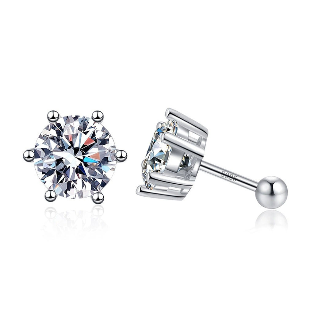 Round Moissanite Stud Earrings in White Gold-Plated S925 Sterling Silver on clean white background showing the pair and round stud earrings in pair-total moissanite carat options