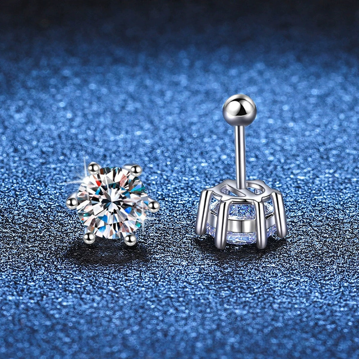 Round Moissanite Stud Earrings in White Gold-Plated S925 Sterling Silver blue scene product view