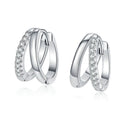 Pavé Moissanite Hoop Earrings in White Gold-Plated S925 Sterling Silver on clean white background showing the pair and rounded hoops with slim pavé moissanite rows