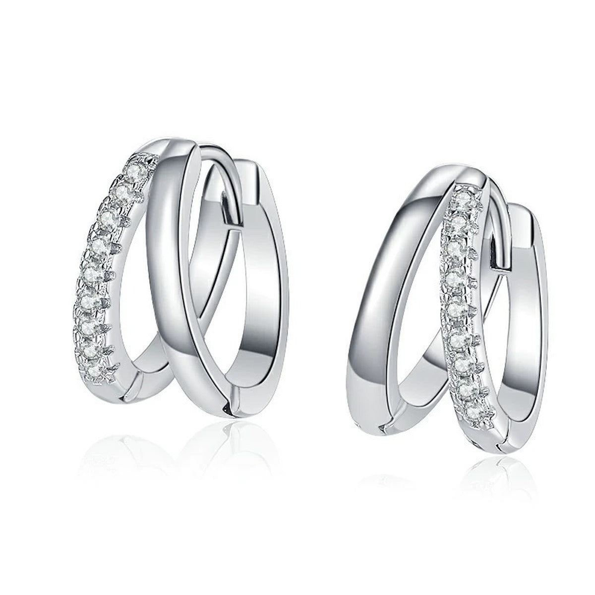 Pavé Moissanite Hoop Earrings in White Gold-Plated S925 Sterling Silver on clean white background showing the pair and rounded hoops with slim pavé moissanite rows