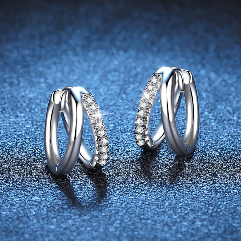 Pavé Moissanite Hoop Earrings in White Gold-Plated S925 Sterling Silver blue scene angled view