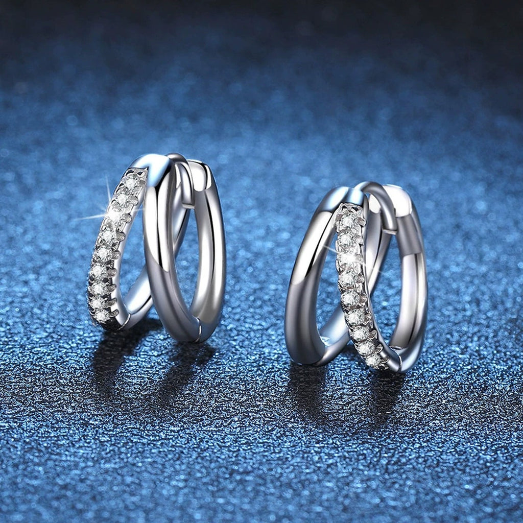 Pavé Moissanite Hoop Earrings in White Gold-Plated S925 Sterling Silver blue scene close-up view