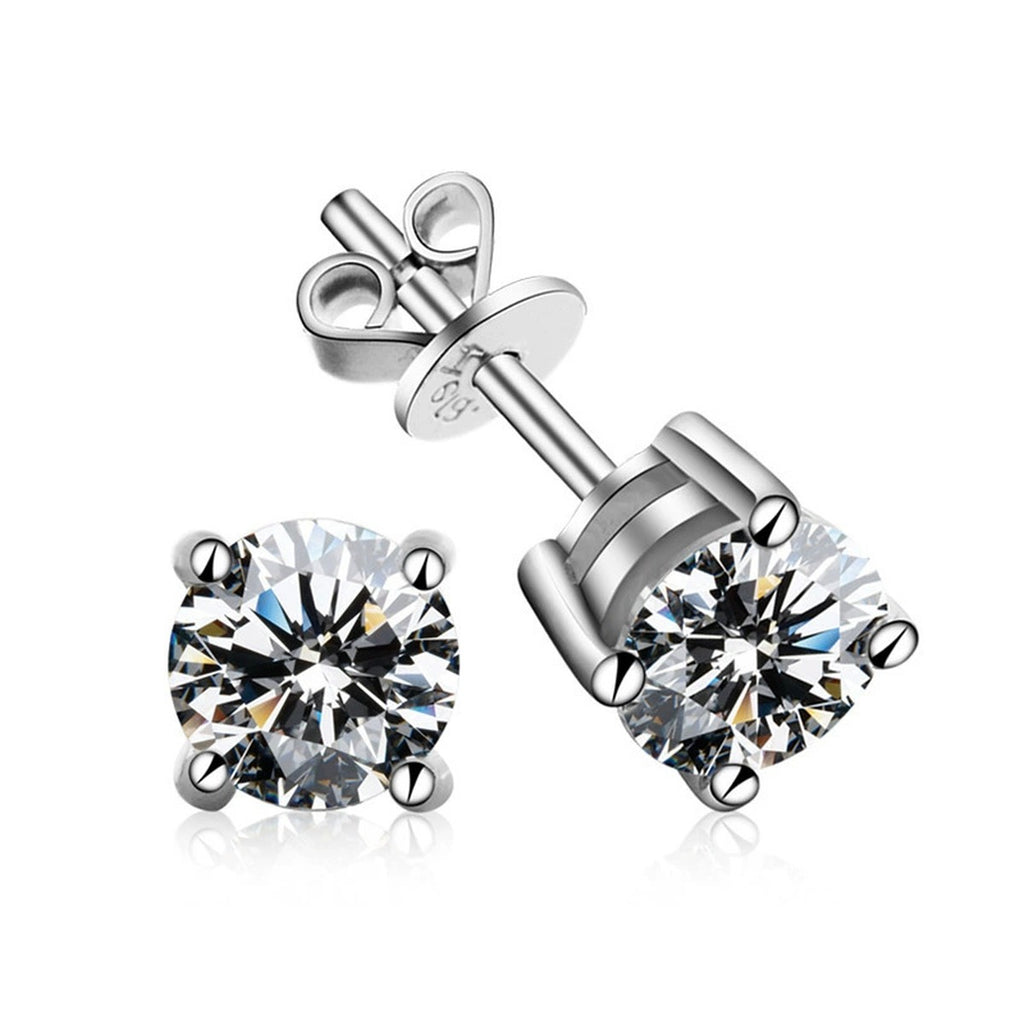 Round Moissanite Stud Earrings in White Gold-Plated S925 Sterling Silver on clean white background showing the pair and round solitaire studs ranging from petite to statement sizes