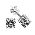Round Moissanite Stud Earrings in White Gold-Plated S925 Sterling Silver on clean white background showing the pair and round solitaire studs ranging from petite to statement sizes