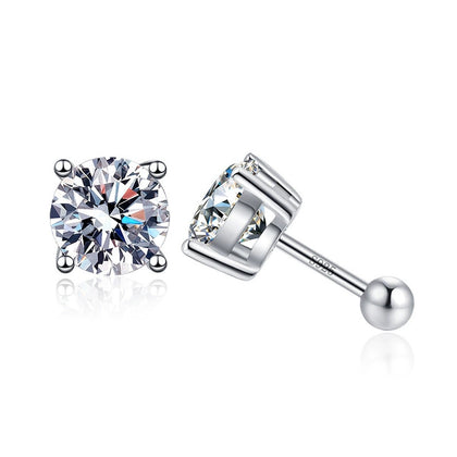 Round Moissanite Stud Earrings in White Gold-Plated S925 Sterling Silver on clean white background showing the pair and round paired moissanite studs with a smooth post setting