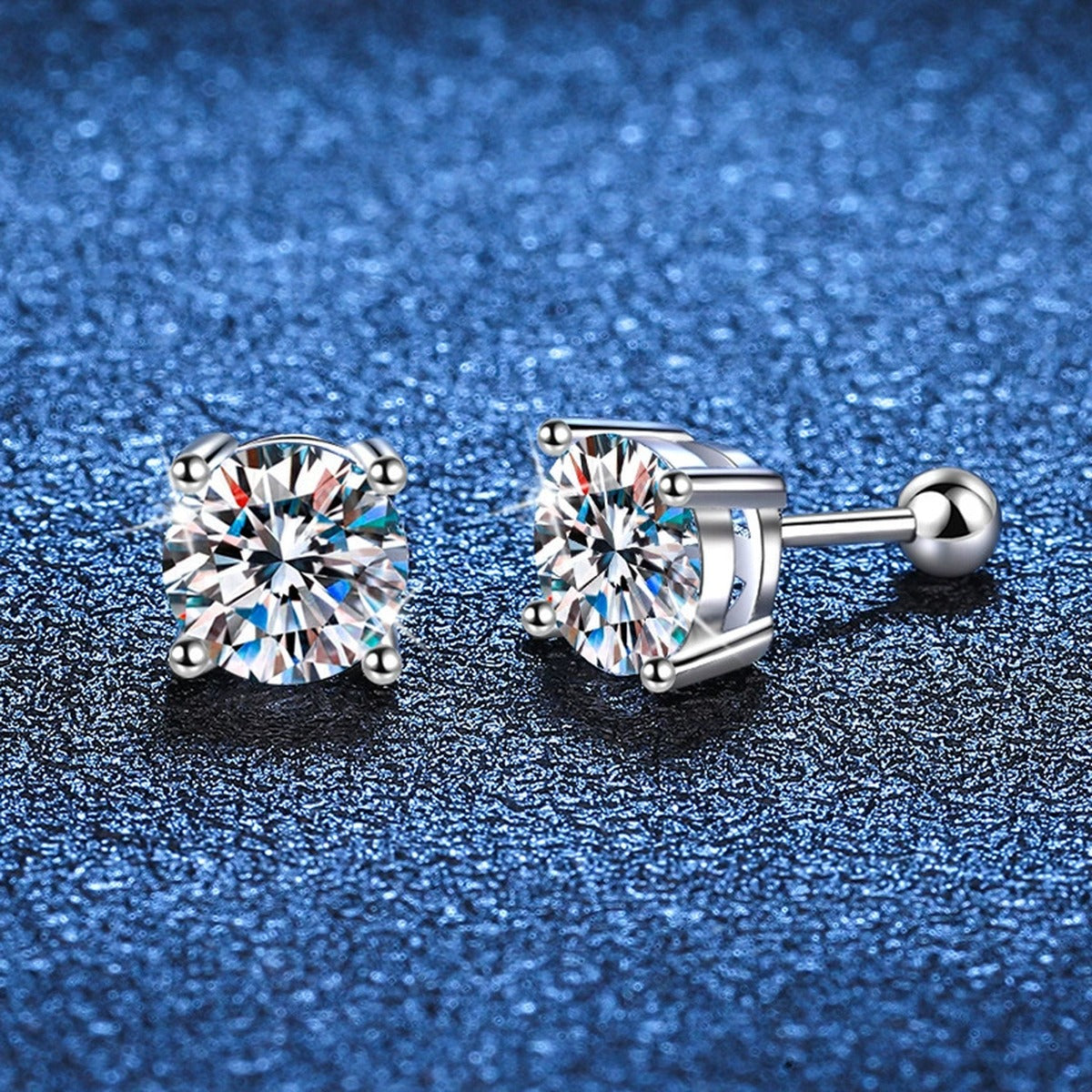Round Moissanite Stud Earrings in White Gold-Plated S925 Sterling Silver blue scene product view