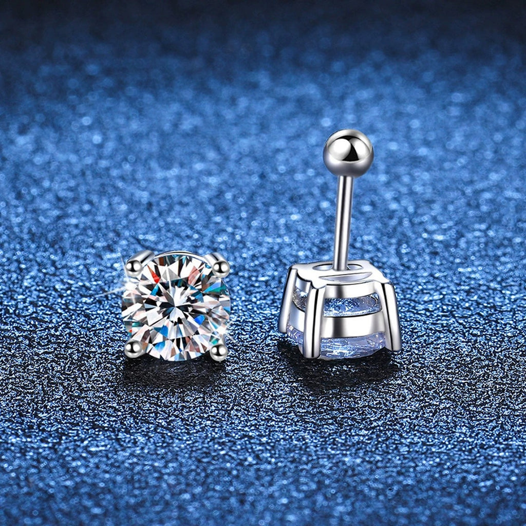 Round Moissanite Stud Earrings in White Gold-Plated S925 Sterling Silver blue scene angled view