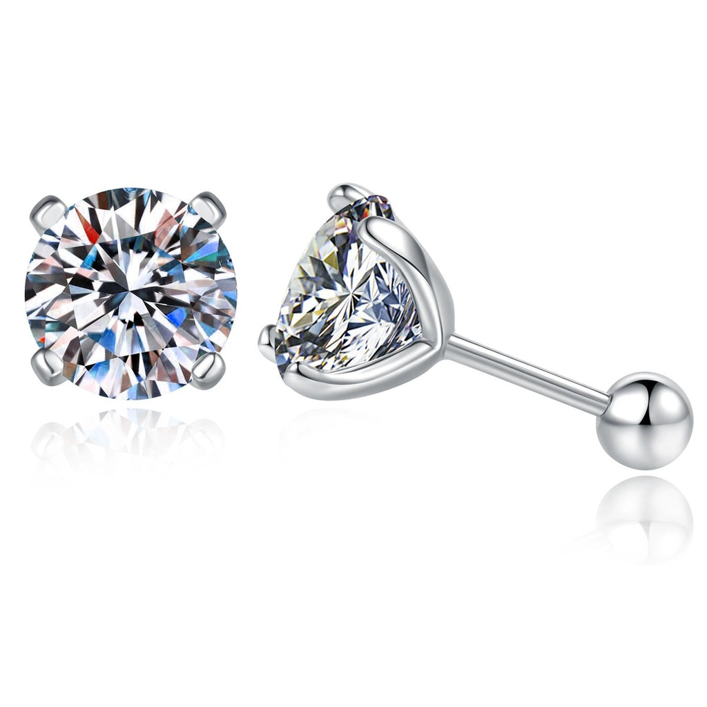 Round Moissanite Stud Earrings in White Gold-Plated S925 Sterling Silver on clean white background showing the pair and round moissanite studs offered with ear-nut and screw-back closures