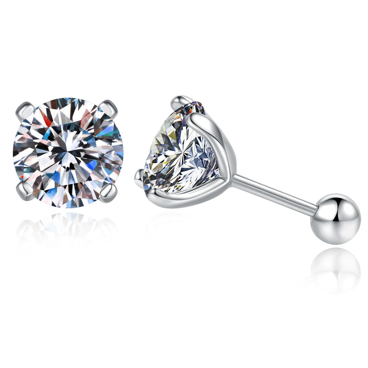 Round Moissanite Stud Earrings in White Gold-Plated S925 Sterling Silver on clean white background showing the pair and round moissanite studs offered with ear-nut and screw-back closures