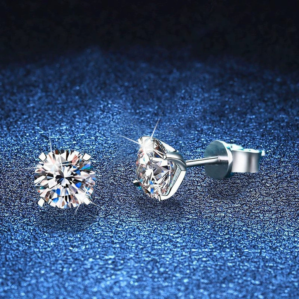 Round Moissanite Stud Earrings in White Gold-Plated S925 Sterling Silver blue scene angled view
