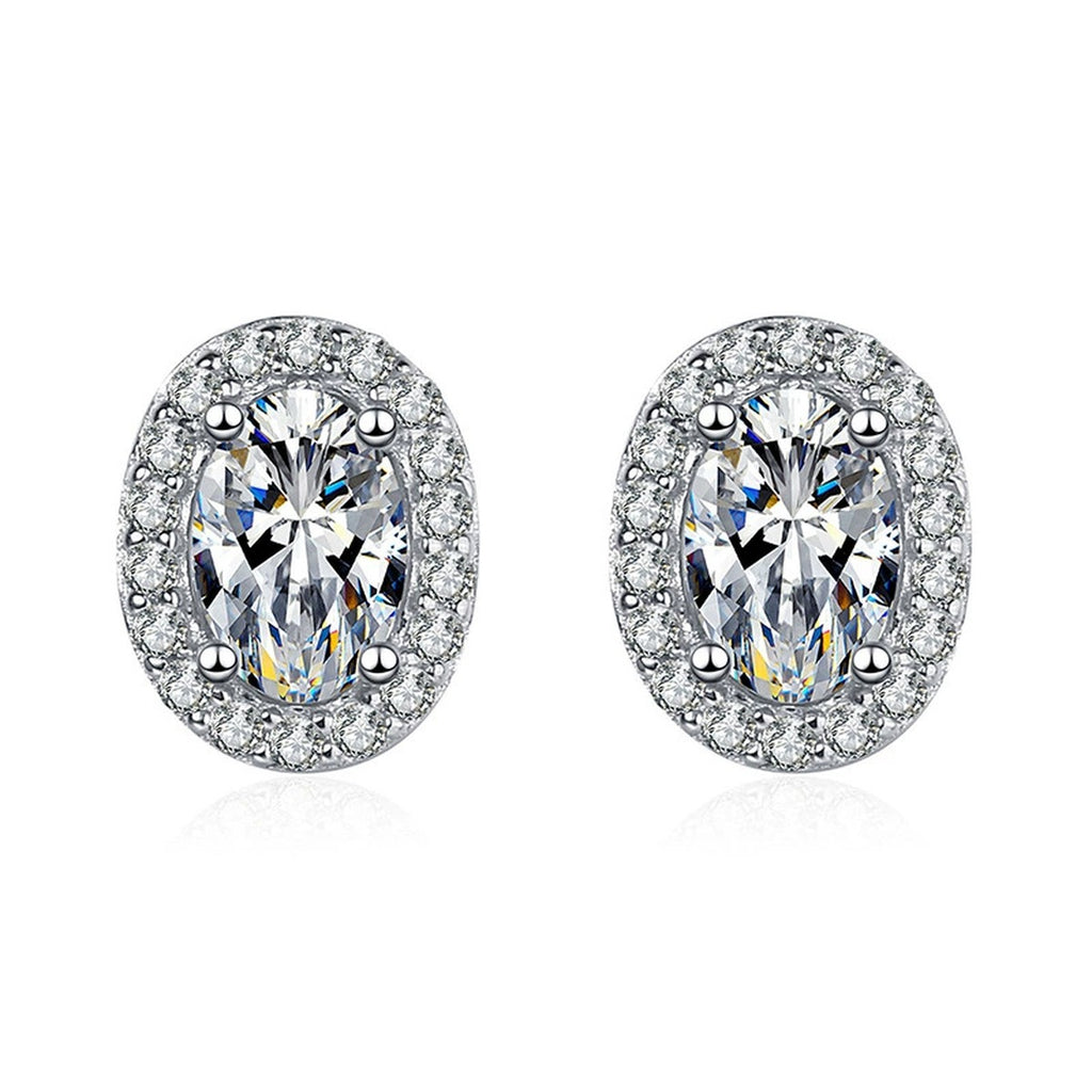 Oval Halo Moissanite Stud Earrings with CZ in White Gold-Plated S925 on clean white background showing the pair and oval halo studs with soft elongated moissanite centers