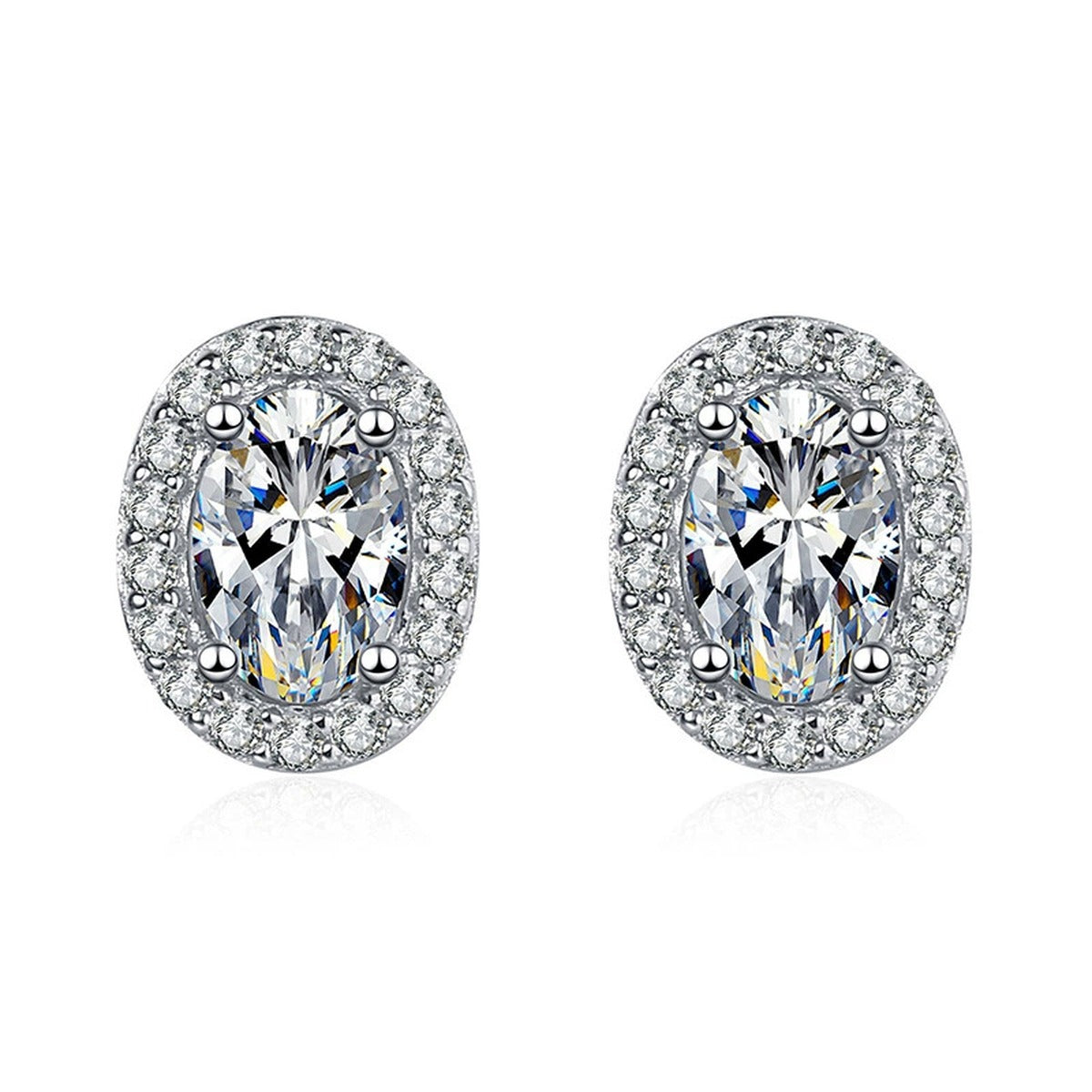 Oval Halo Moissanite Stud Earrings with CZ in White Gold-Plated S925 on clean white background showing the pair and oval halo studs with soft elongated moissanite centers