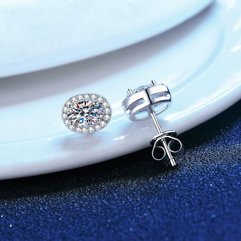 Oval Halo Moissanite Stud Earrings with CZ in White Gold-Plated S925 blue scene product view