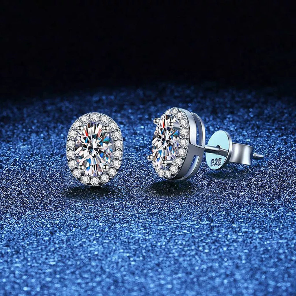 Oval Halo Moissanite Stud Earrings with CZ in White Gold-Plated S925 blue scene close-up view