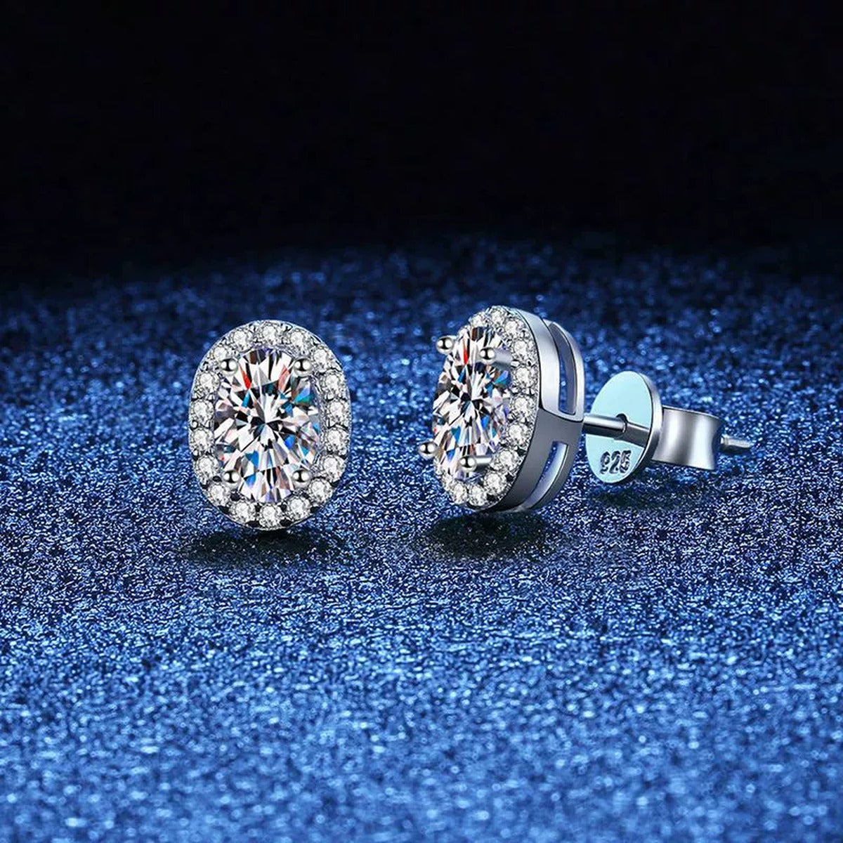 Oval Halo Moissanite Stud Earrings with CZ in White Gold-Plated S925 blue scene close-up view
