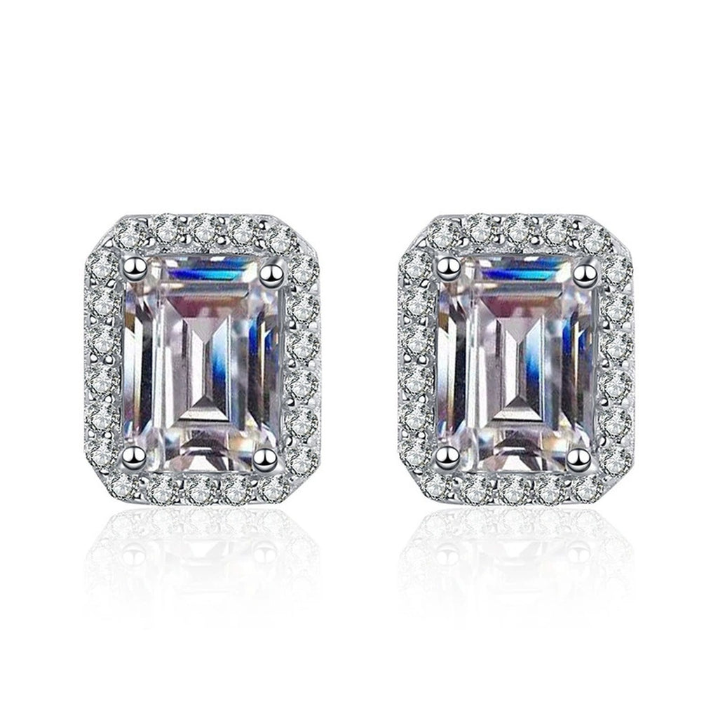 Emerald and Radiant Cut Moissanite Stud Earrings with CZ in S925 Silver on clean white background showing the pair and geometric halo studs in emerald-cut and radiant-cut options