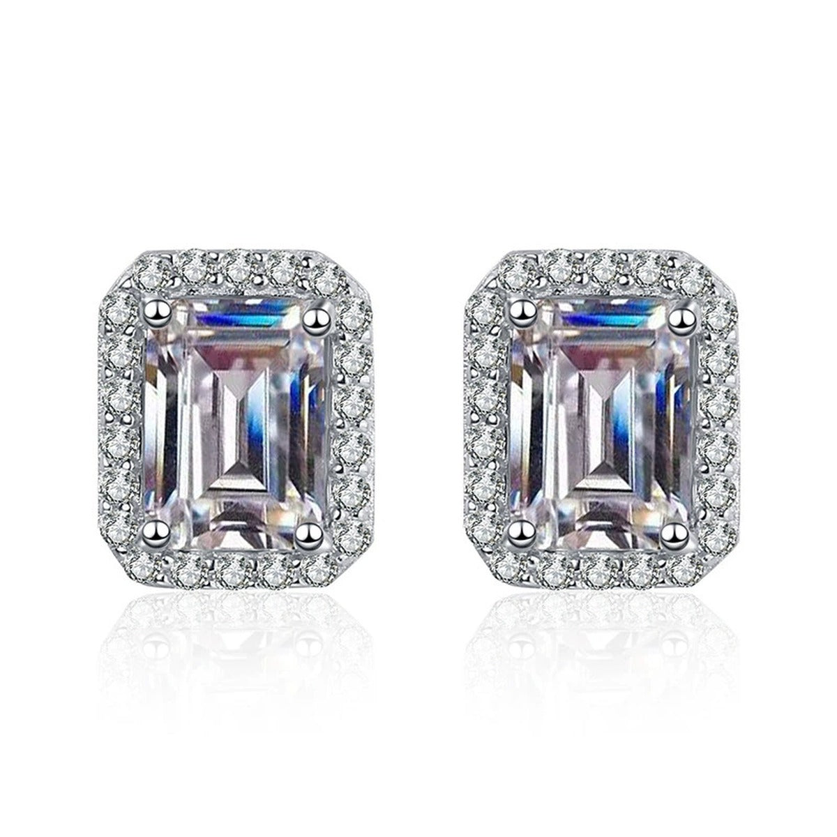 Emerald and Radiant Cut Moissanite Stud Earrings with CZ in S925 Silver on clean white background showing the pair and geometric halo studs in emerald-cut and radiant-cut options