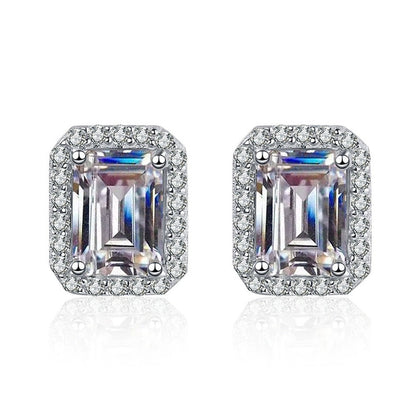 Emerald and Radiant Cut Moissanite Stud Earrings with CZ in S925 Silver on clean white background showing the pair and geometric halo studs in emerald-cut and radiant-cut options