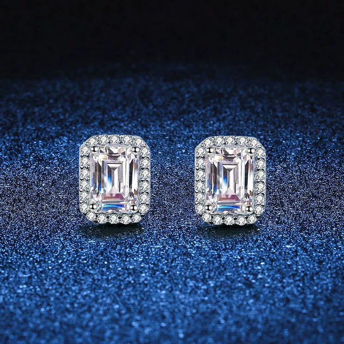 Emerald and Radiant Cut Moissanite Stud Earrings with CZ in S925 Silver blue scene product view