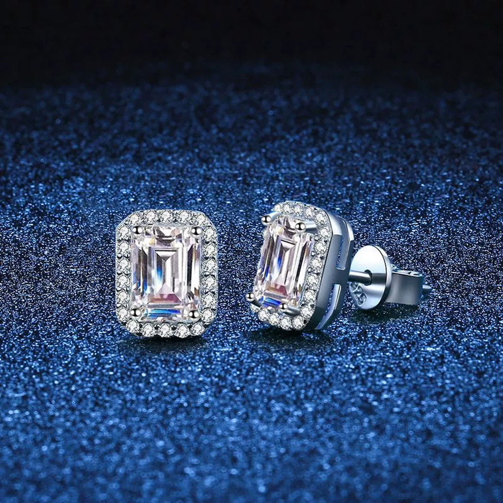 Emerald and Radiant Cut Moissanite Stud Earrings with CZ in S925 Silver blue scene close-up view
