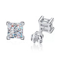 Princess Cut Moissanite Stud Earrings in White Gold-Plated S925 Silver on clean white background showing the pair and square princess-cut moissanite studs with a clean prong outline