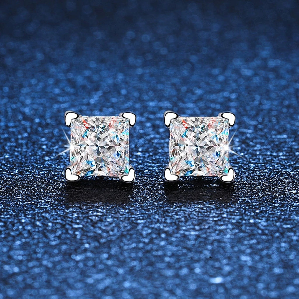 Princess Cut Moissanite Stud Earrings in White Gold-Plated S925 Silver blue scene product view