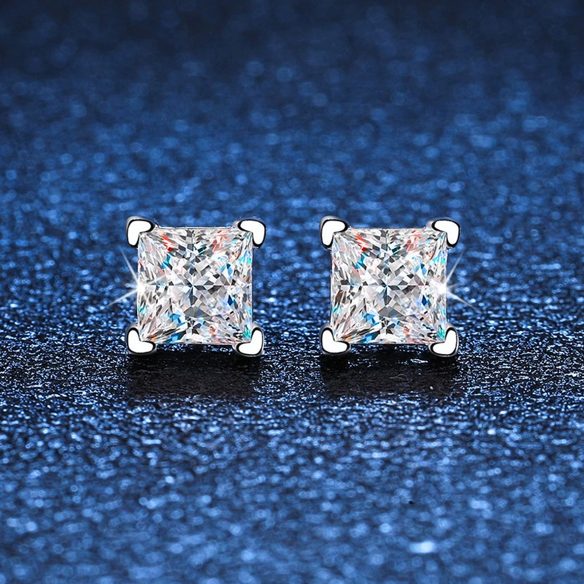 Princess Cut Moissanite Stud Earrings in White Gold-Plated S925 Silver blue scene product view