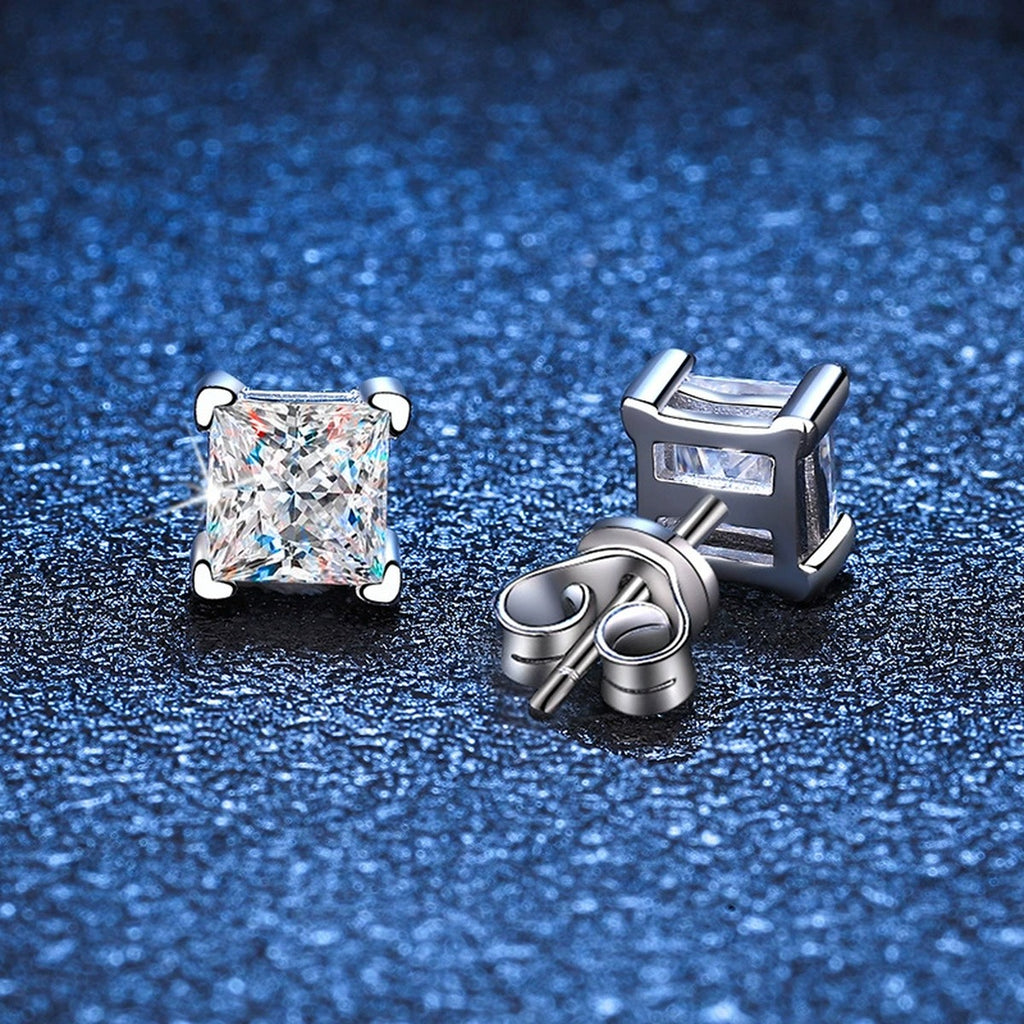 Princess Cut Moissanite Stud Earrings in White Gold-Plated S925 Silver blue scene close-up view