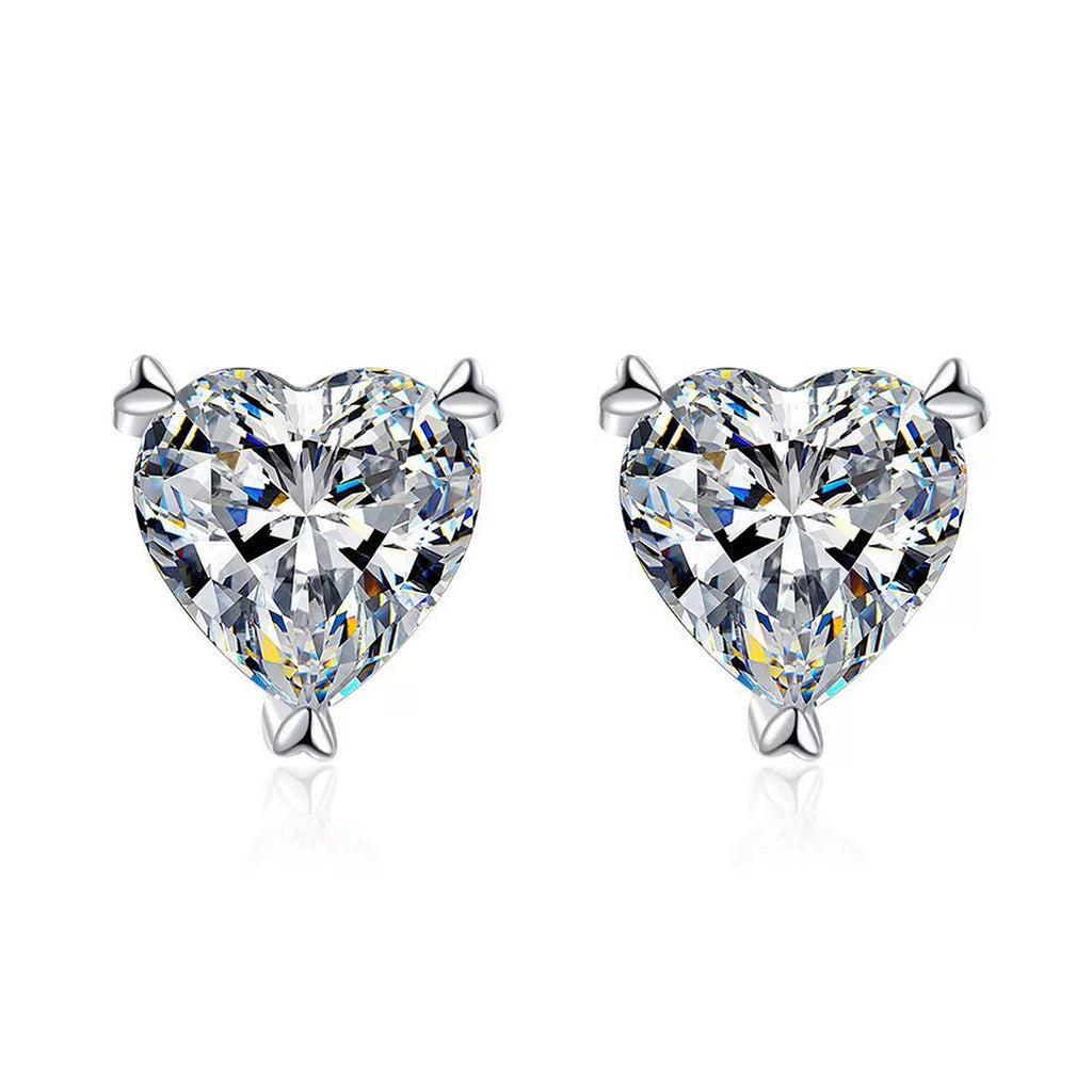 Heart Moissanite Stud Earrings in White Gold-Plated S925 Silver on clean white background showing open heart studs with a round moissanite center