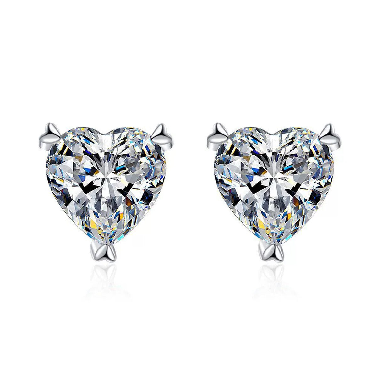 Heart Moissanite Stud Earrings in White Gold-Plated S925 Silver on clean white background showing open heart studs with a round moissanite center