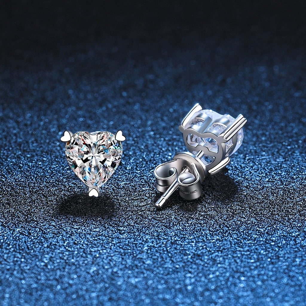 Heart Moissanite Stud Earrings in White Gold-Plated S925 Silver blue scene product view