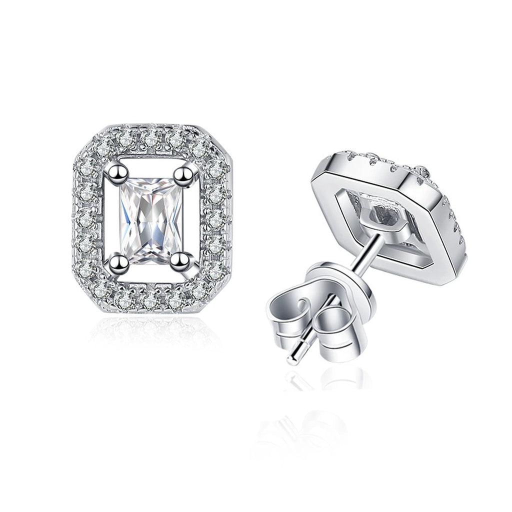 Emerald Halo Moissanite Stud Earrings with CZ in White Gold-Plated S925 on clean white background showing rectangular emerald-style halo studs with a clean geometric face
