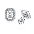 Emerald Halo Moissanite Stud Earrings with CZ in White Gold-Plated S925 on clean white background showing rectangular emerald-style halo studs with a clean geometric face