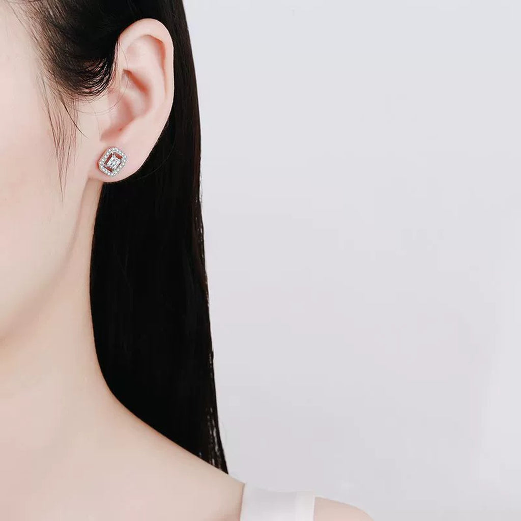 Emerald Halo Moissanite Stud Earrings with CZ in White Gold-Plated S925 worn on ear by model