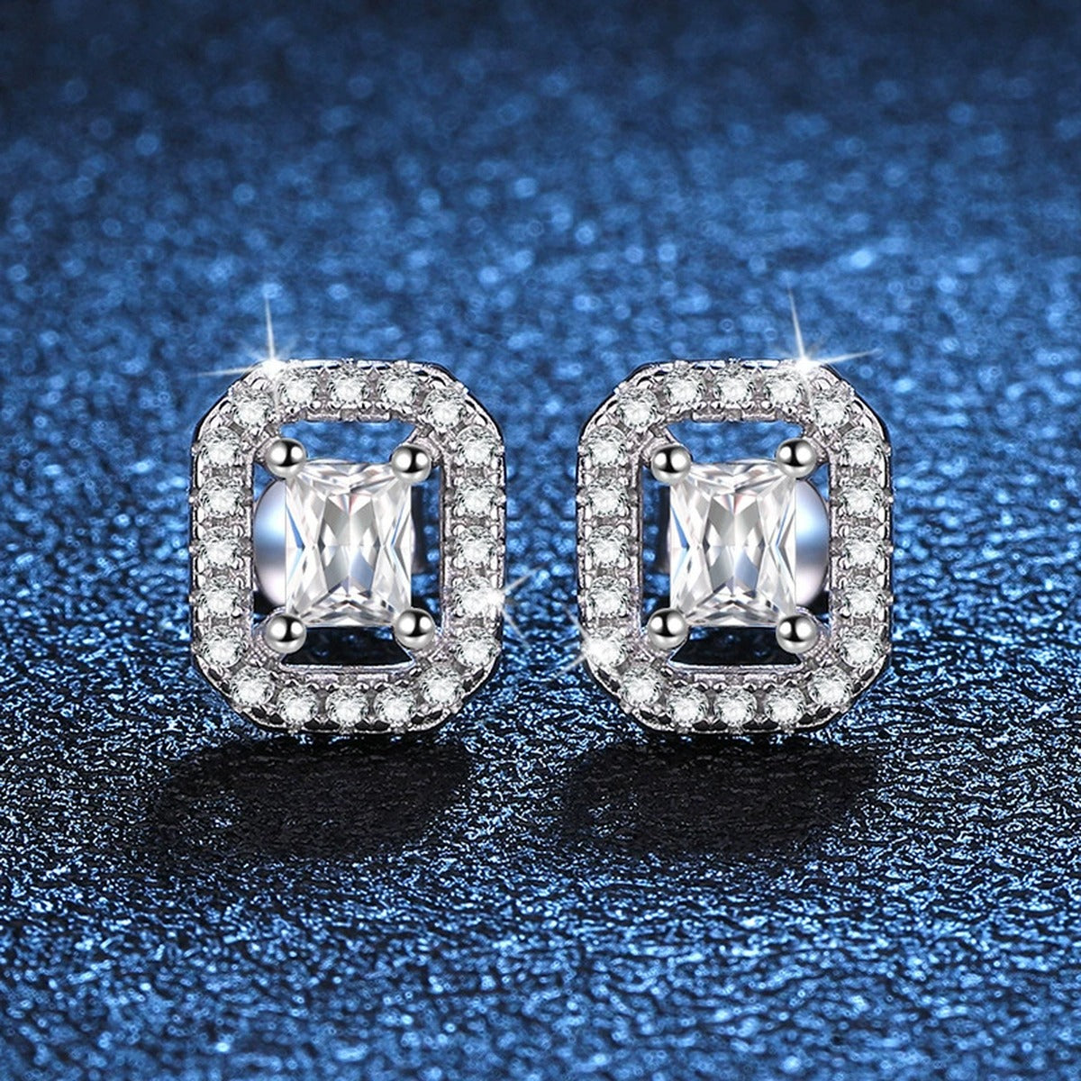 Emerald Halo Moissanite Stud Earrings with CZ in White Gold-Plated S925 blue scene product view