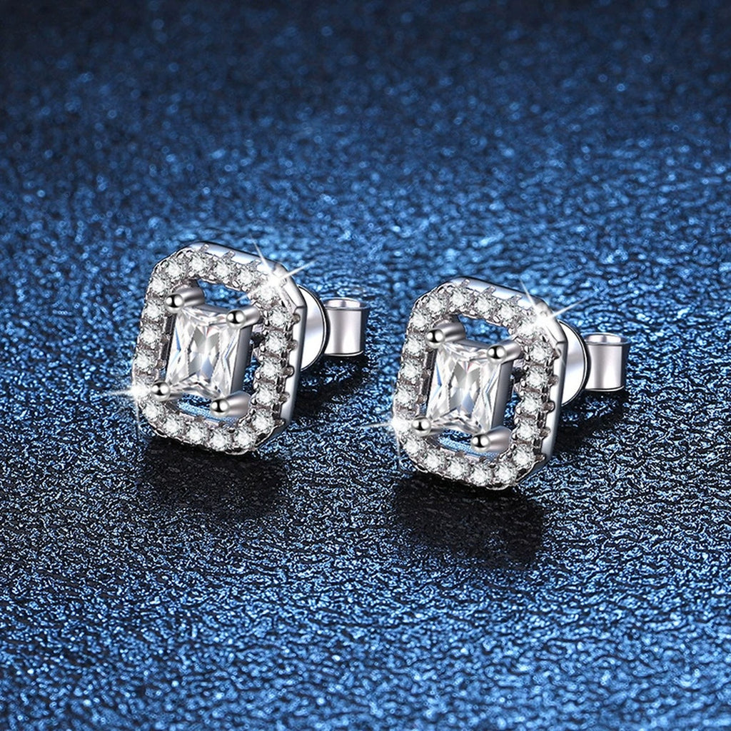 Emerald Halo Moissanite Stud Earrings with CZ in White Gold-Plated S925 blue scene angled view