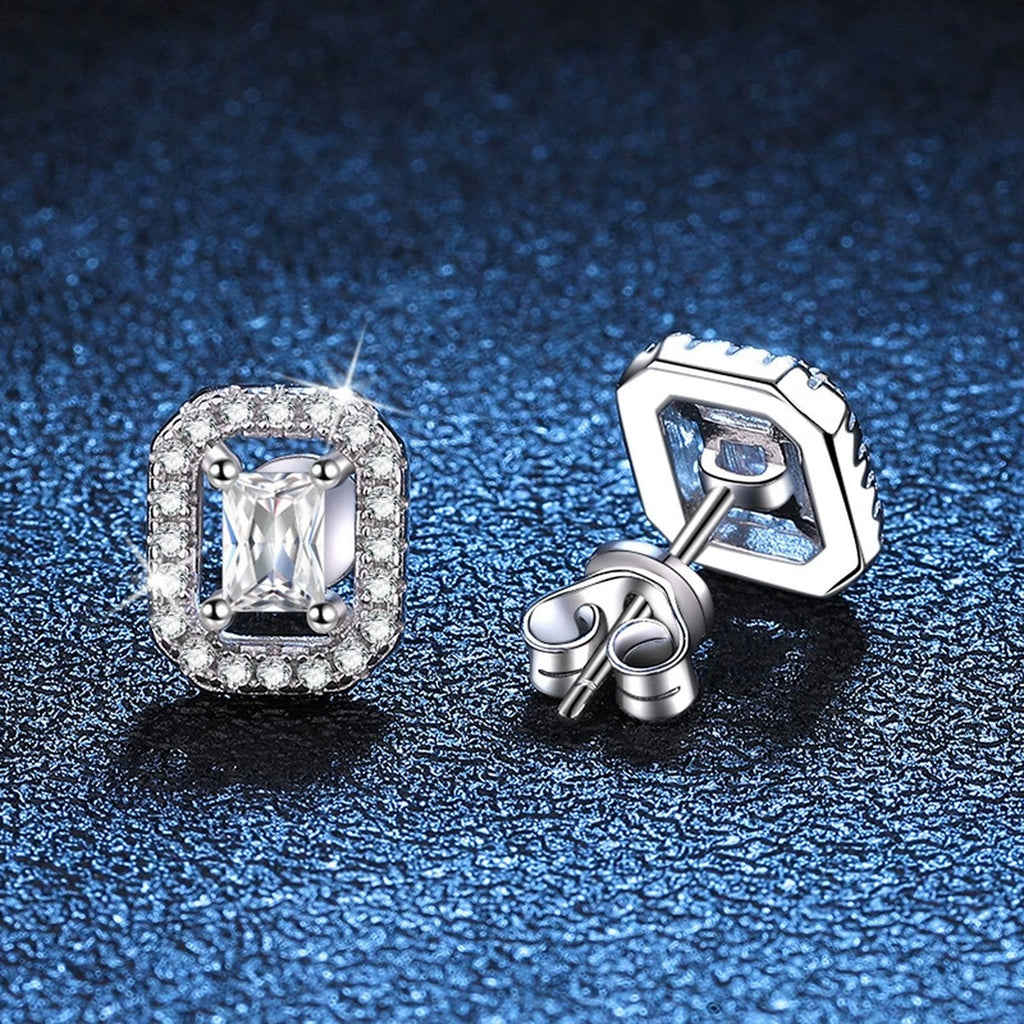 Emerald Halo Moissanite Stud Earrings with CZ in White Gold-Plated S925 blue scene close-up view